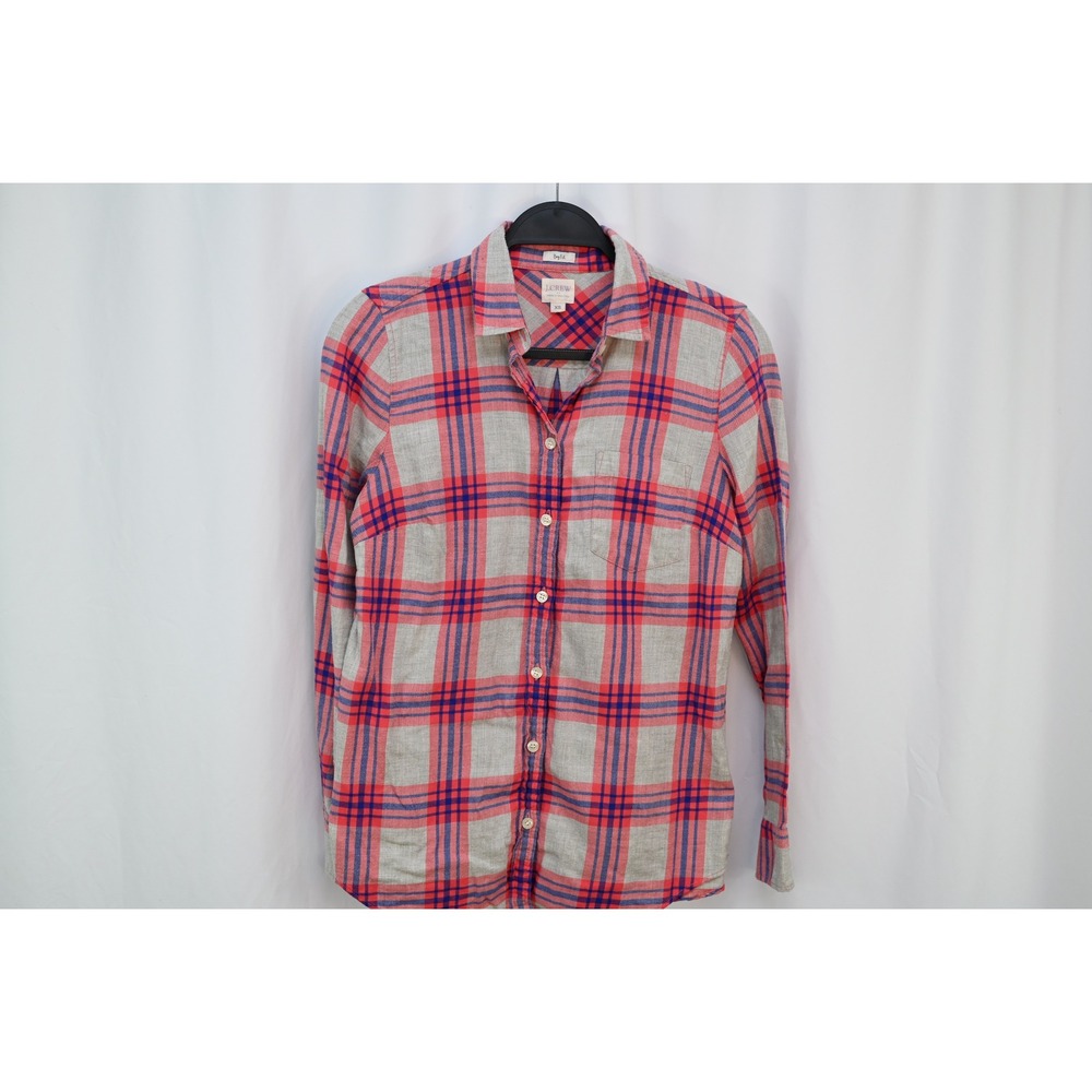 J.Crew Boy Fit Plaid Button Down Shirt XS Gray Coral Blue Cotton Long Sleeve